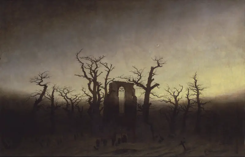 Caspar David Friedrich Peinture au coucher du soleil - L'abbaye dans la forêt de chênes